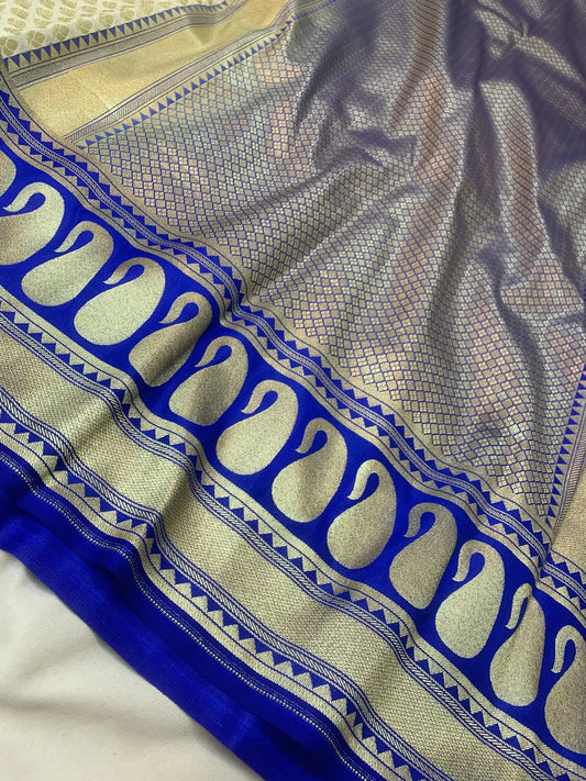 Cream & Blue Pure Katan Silk Banarasi Saree With All Over Zari Booti (Copy) (Copy)