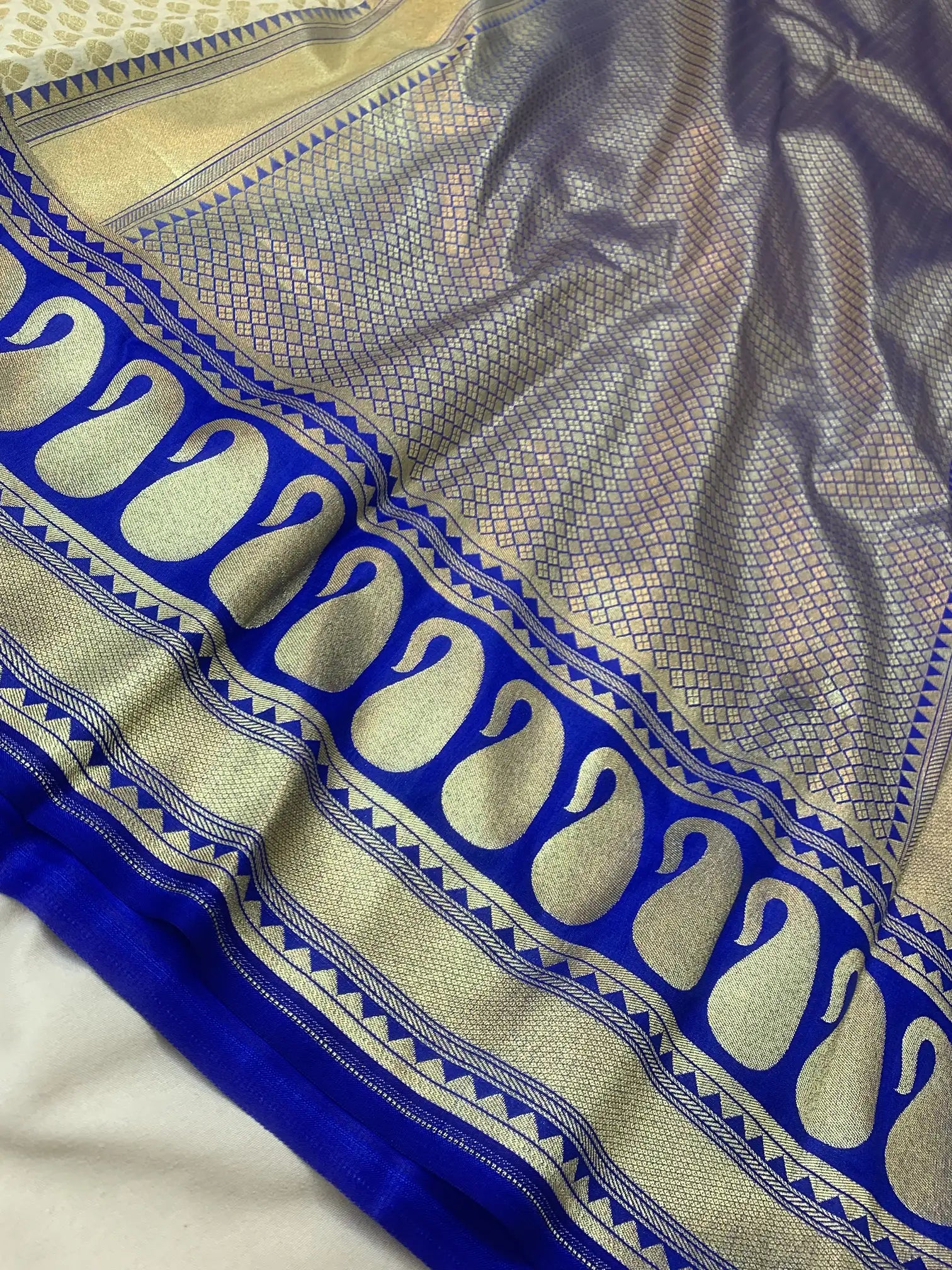 Cream & Blue Pure Katan Silk Banarasi Saree With All Over Zari Booti