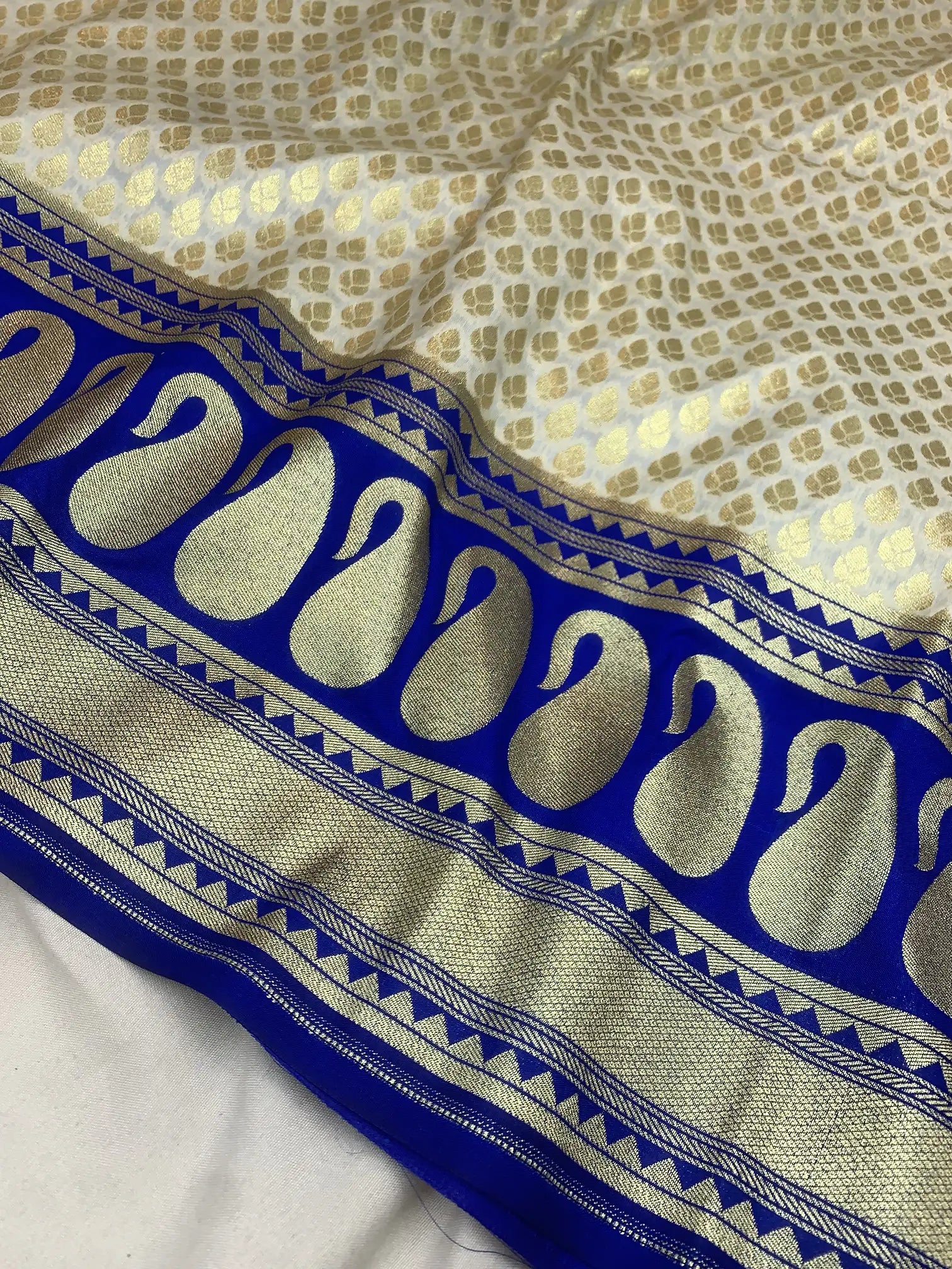 Cream & Blue Pure Katan Silk Banarasi Saree With All Over Zari Booti